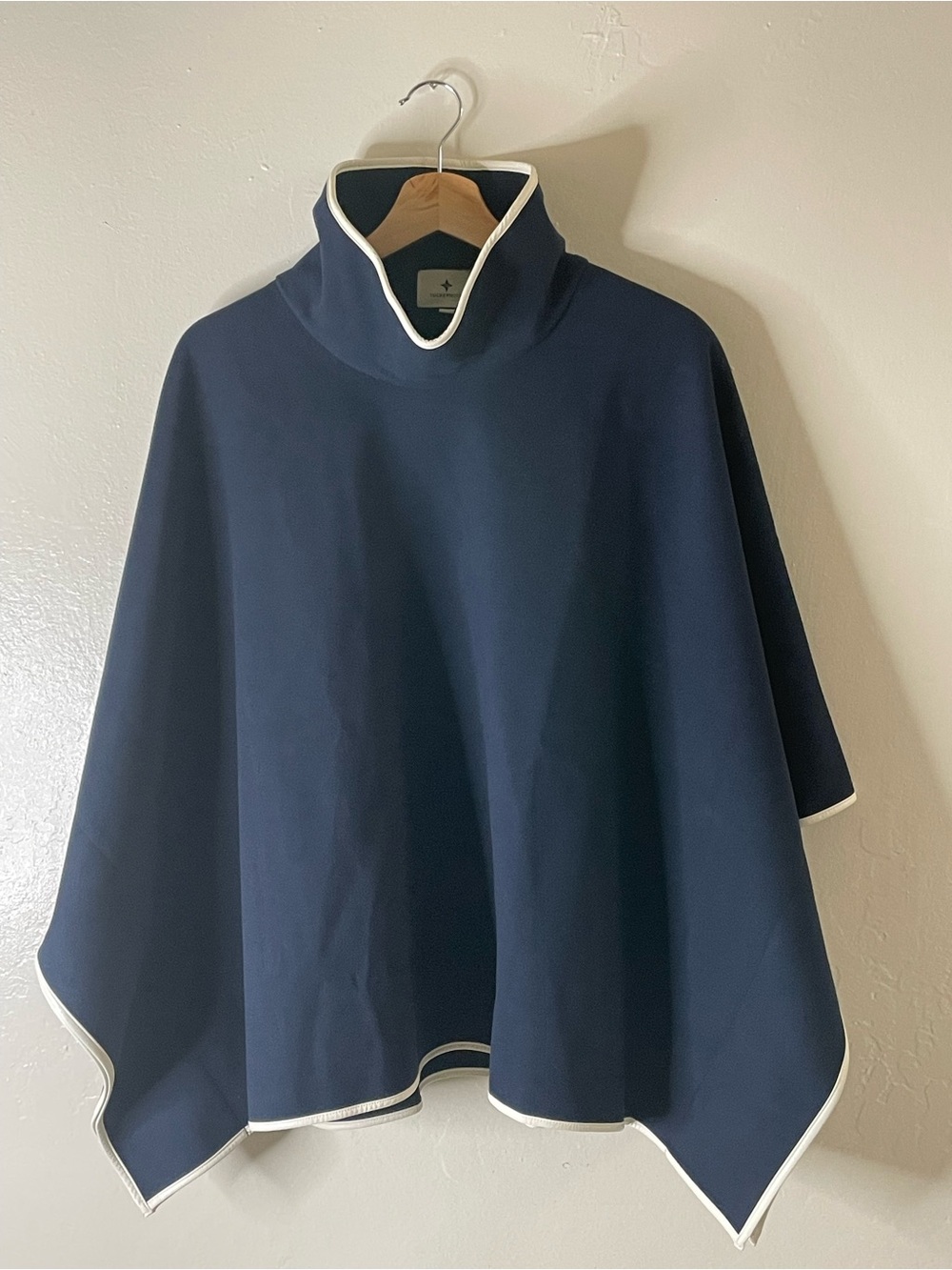 Tuckernuck navy white leather trim layered poncho turtleneck piper shawl